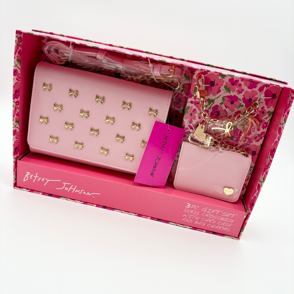 BETSEY JOHNSON Sybil Pink and Gold BOWS Crossbody Bag Wallet Bag Charms Set - Picture 1 of 6